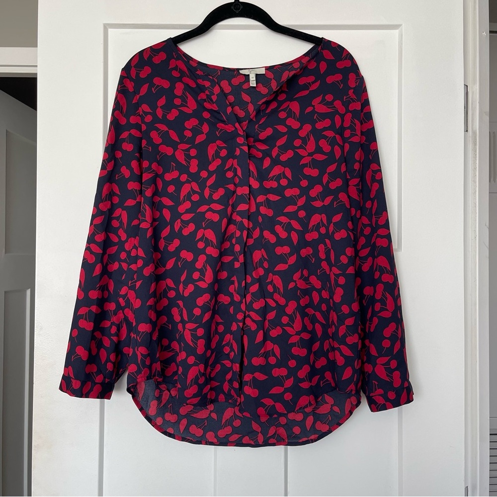 Joie Navy Blouse with Red Cherries!